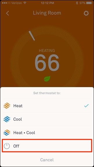Выбор режима Off в приложении Nest