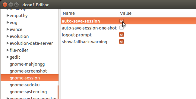 Включение параметра auto-save-session в dconf-editor