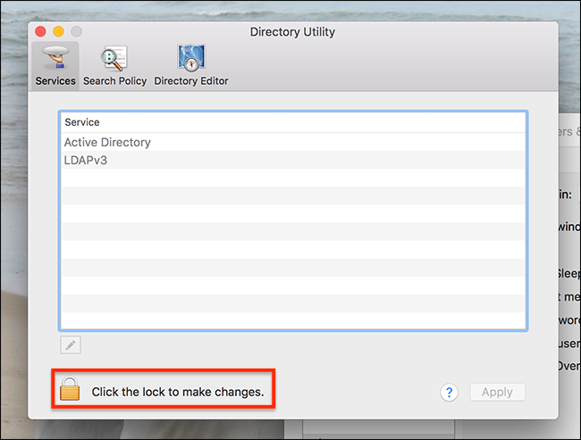 Окно Directory Utility с замком для разблокировки