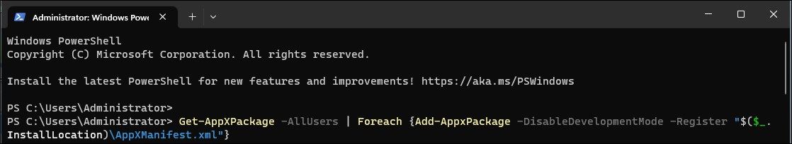 reinstall re_register all Windows 11 apps powershell