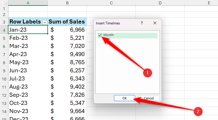 В диалоговом окке Insert Timelines отмечено поле Month (Месяц) и выделена кнопка OK.