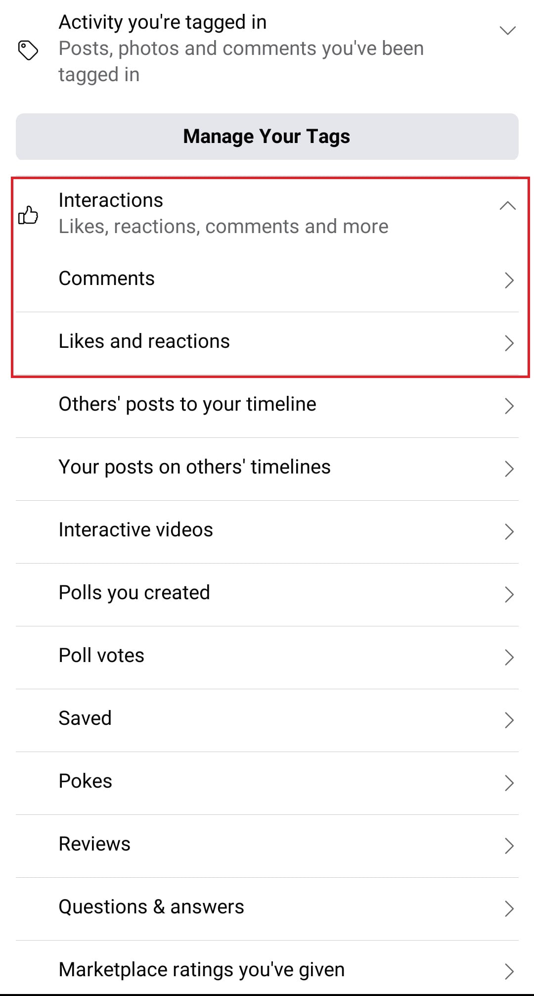 Скриншот: раздел Взаимодействия в Facebook Lite