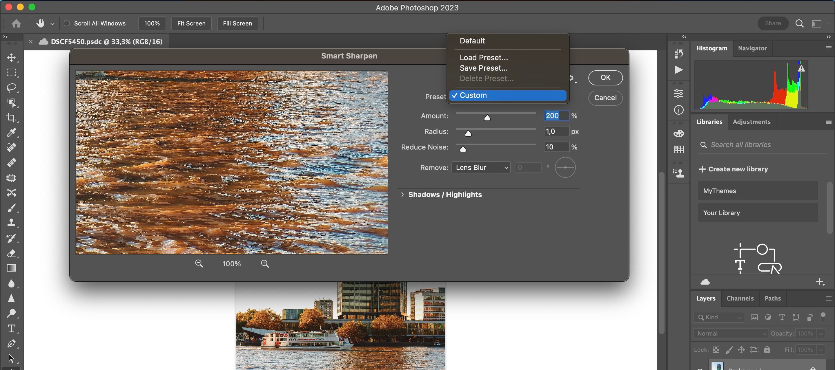 Меню Preset в Smart Sharpen