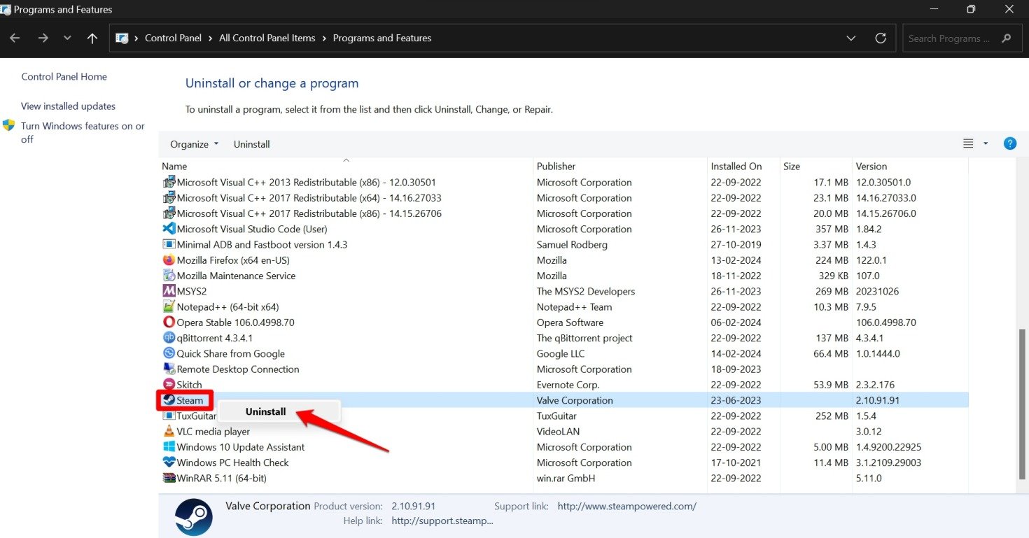Удаление Steam из Windows 11