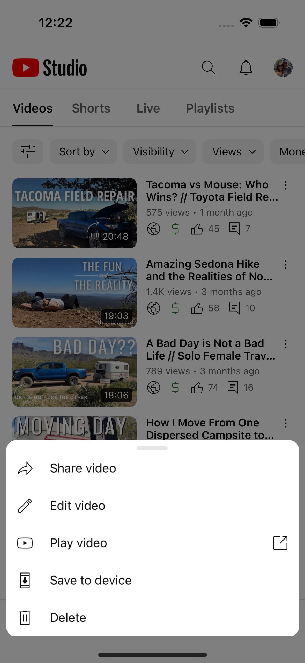 Поделиться видео из приложения YouTube Studio