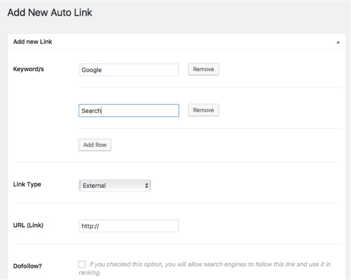 Keywords to Links Converter 설정 화면 예시