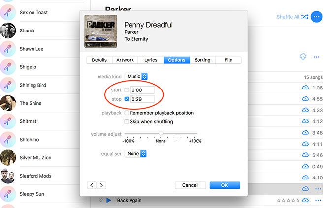 Начало и конец трека в iTunes