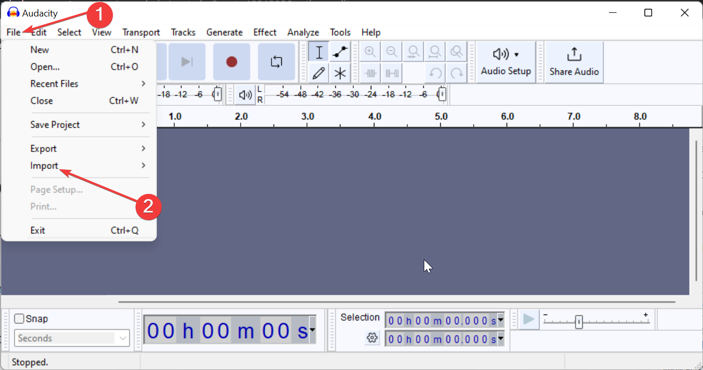 Окно импорта файла в Audacity