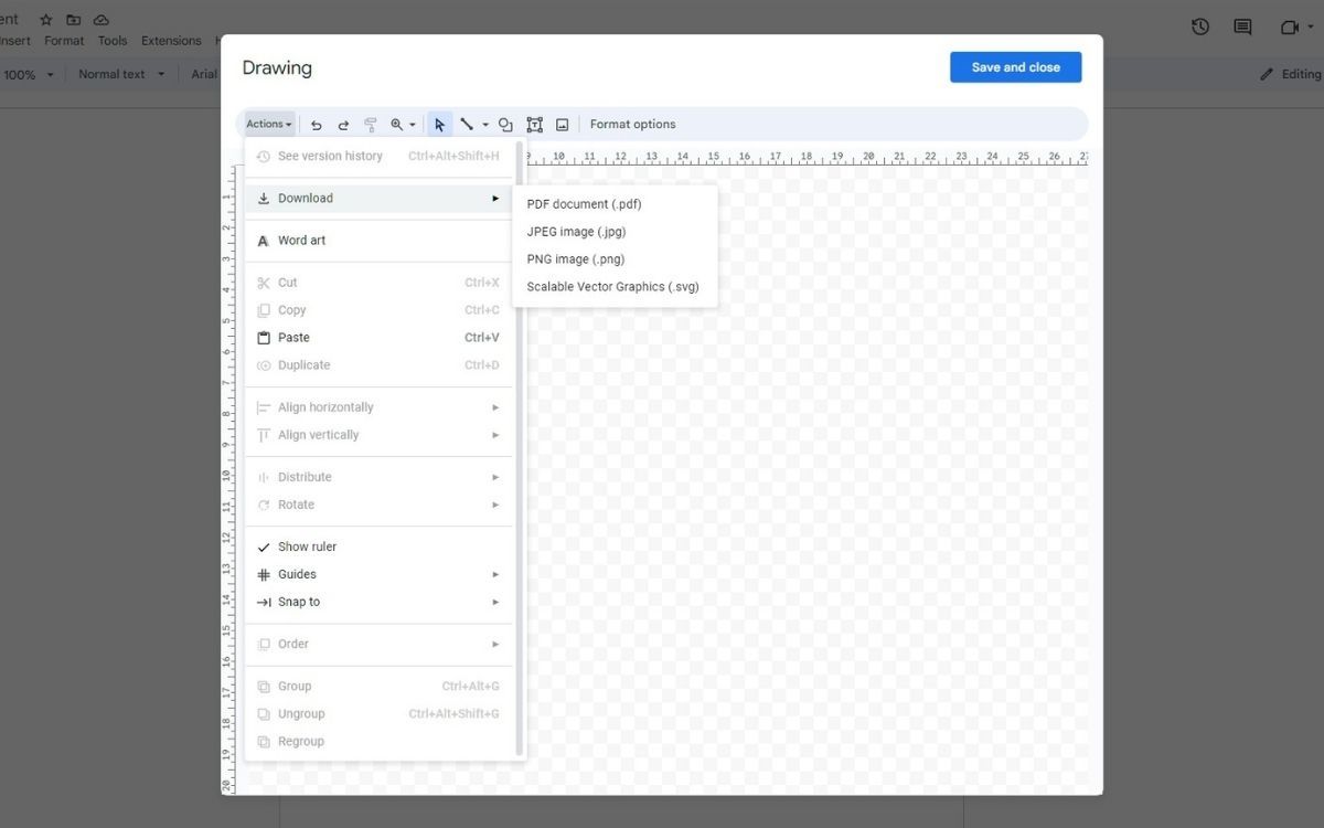 Скриншот холста: курсор наведен на «Скачать» в меню Действия