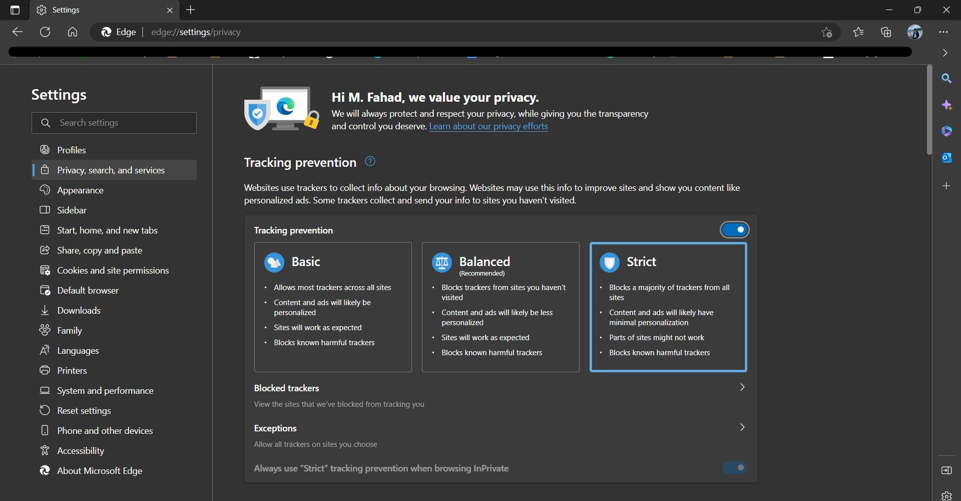 Edge tracking prevention settings