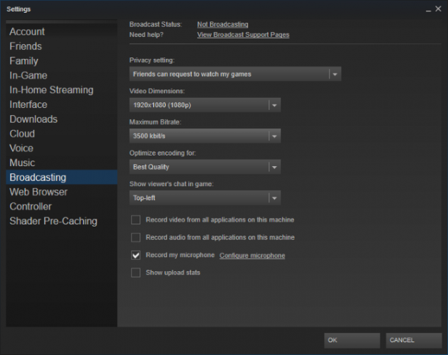 Настройки трансляции Steam