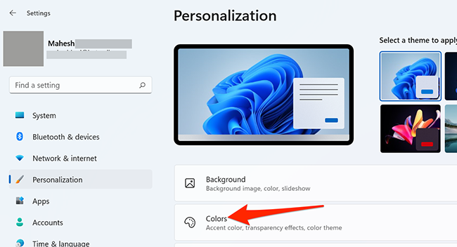Выберите «Цвета» в Параметрах Windows 11.