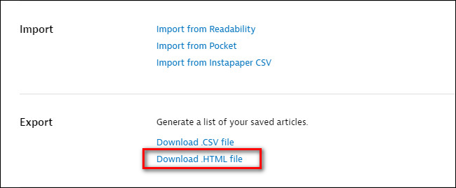 Ссылка Download .HTML file в настройках Instapaper