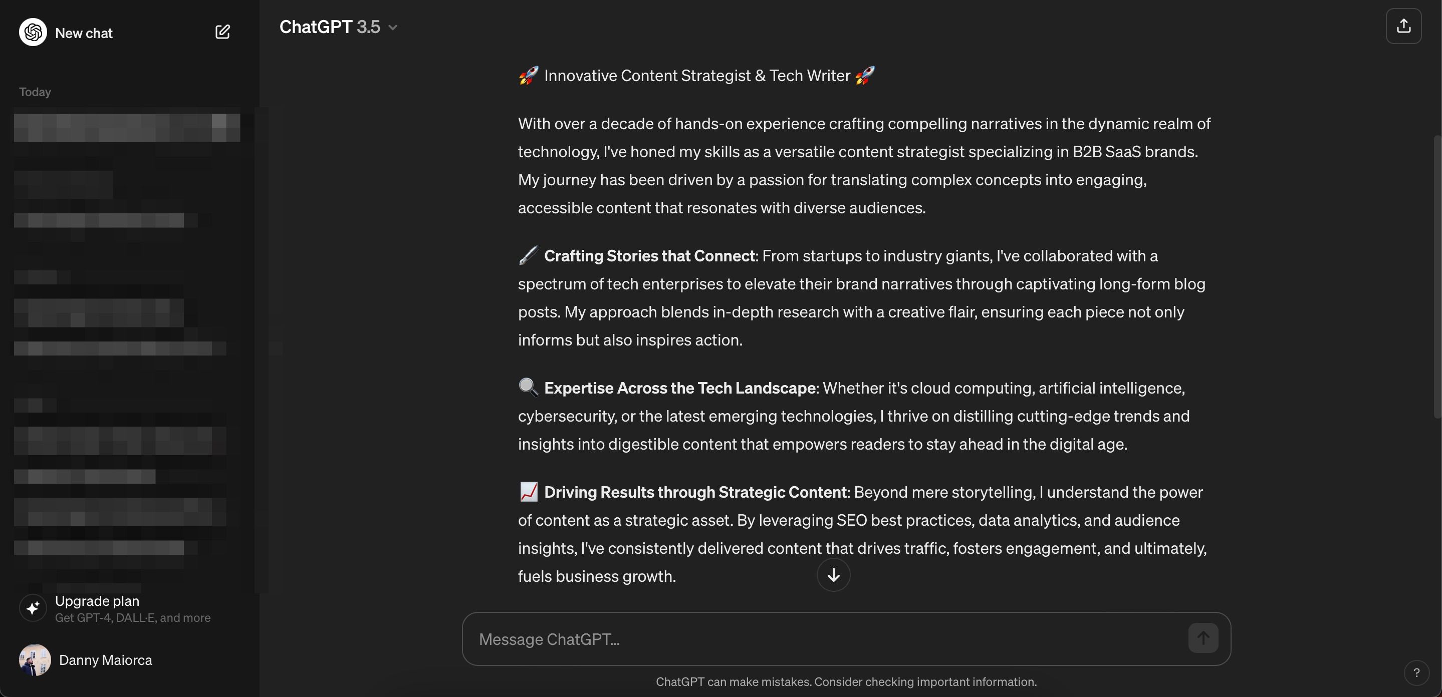 Пример сгенерированного резюме LinkedIn в ChatGPT