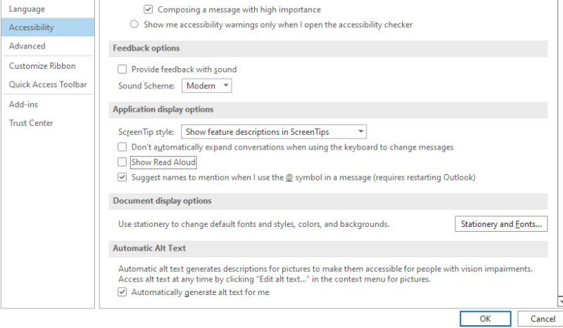 Manually enable Read Aloud in Outlook