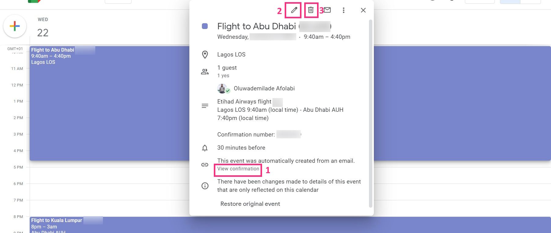 Детали рейса в Google Календаре