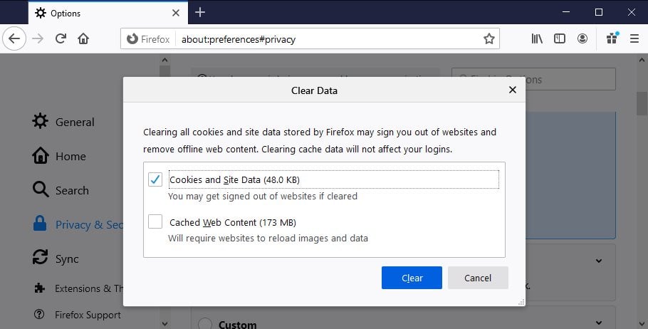 очистить cookies в Firefox