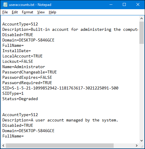 Пример созданного текстового файла с выводом WMIC