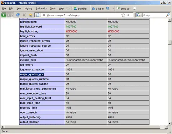 phpinfo() — настройка magic_quotes_gpc: Off