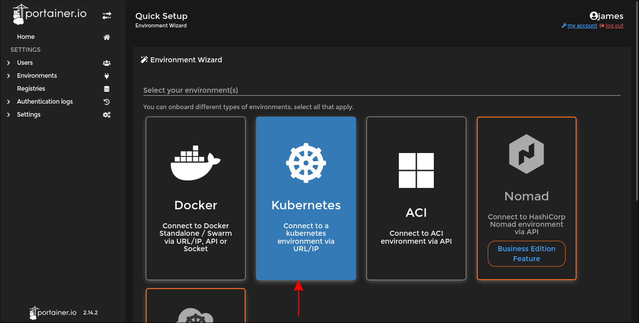 Скриншот выбора Kubernetes в Portainer
