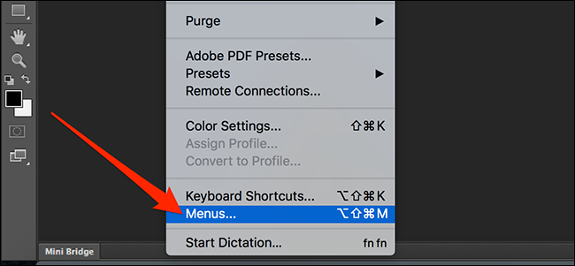 Edit menu items in Photoshop