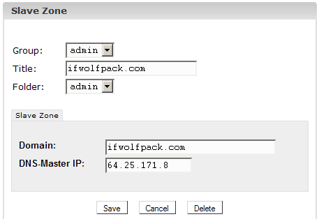 Форма добавления Slave: поля Title, Domain и DNS-Master IP