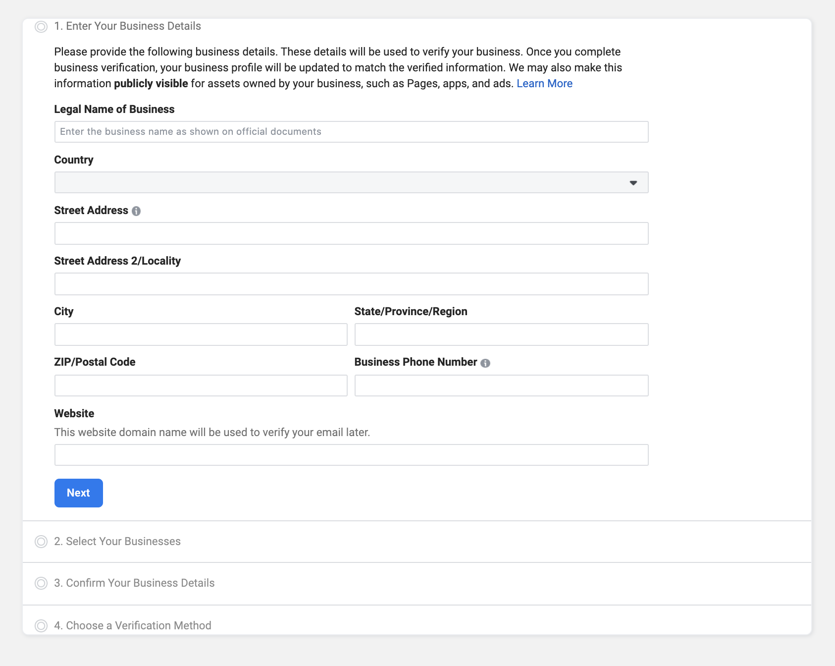 Facebook Business Verification Form