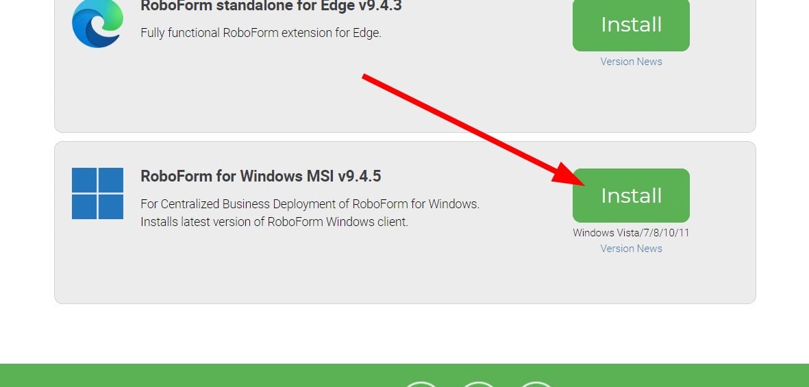 Раздел с загрузкой RoboForm для Windows — кнопка Install
