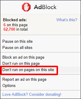 Меню расширения AdBlock с опцией 'Don't run on pages on this site'
