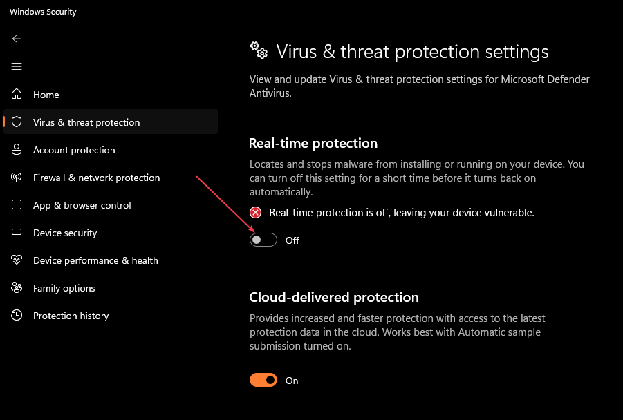 Переключатель Защита в реальном времени в Безопасности Windows