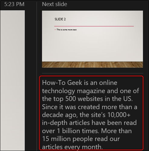 Окно с заметками докладчика