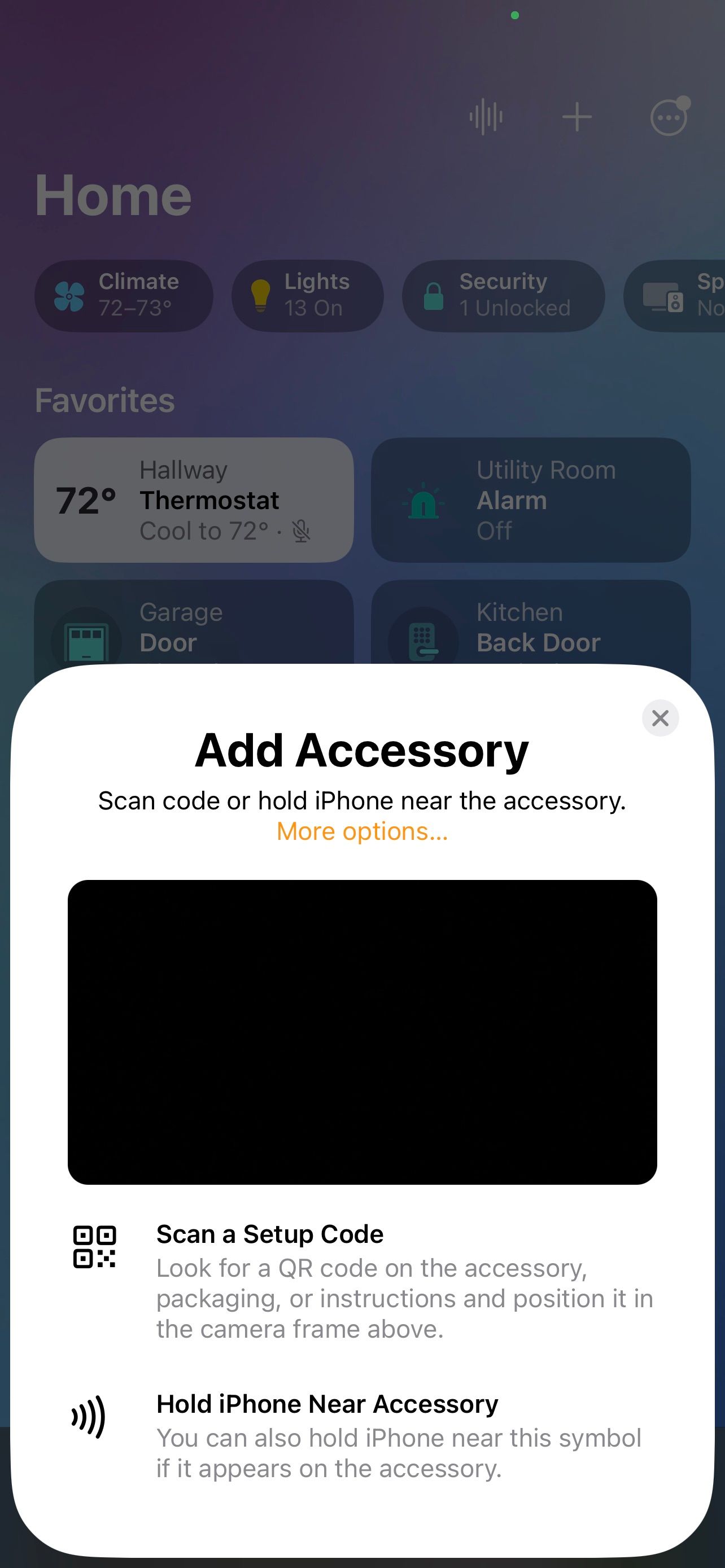 Сканирование аксессуара в приложении Дом iOS