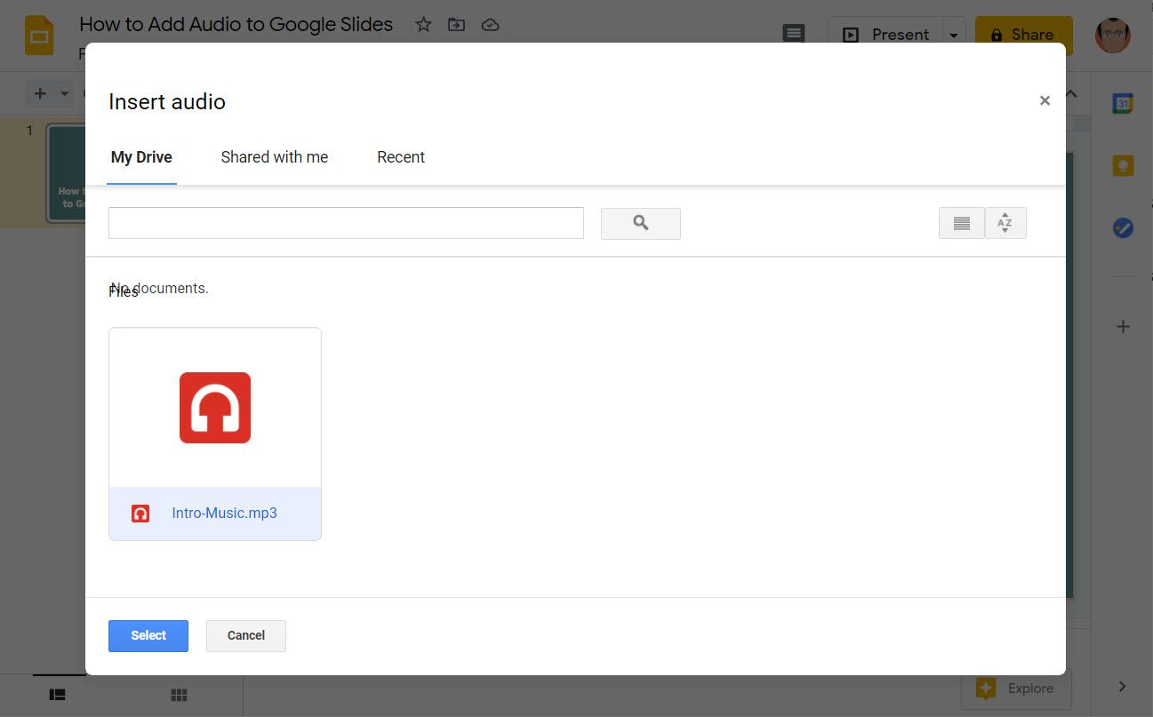 Выбор аудиофайла из Google Диска для вставки в слайд