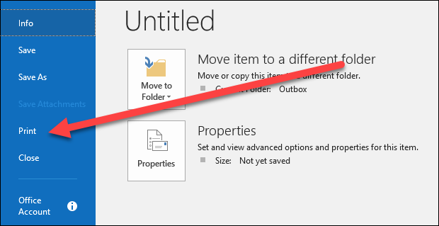 Команда Печать в Outlook