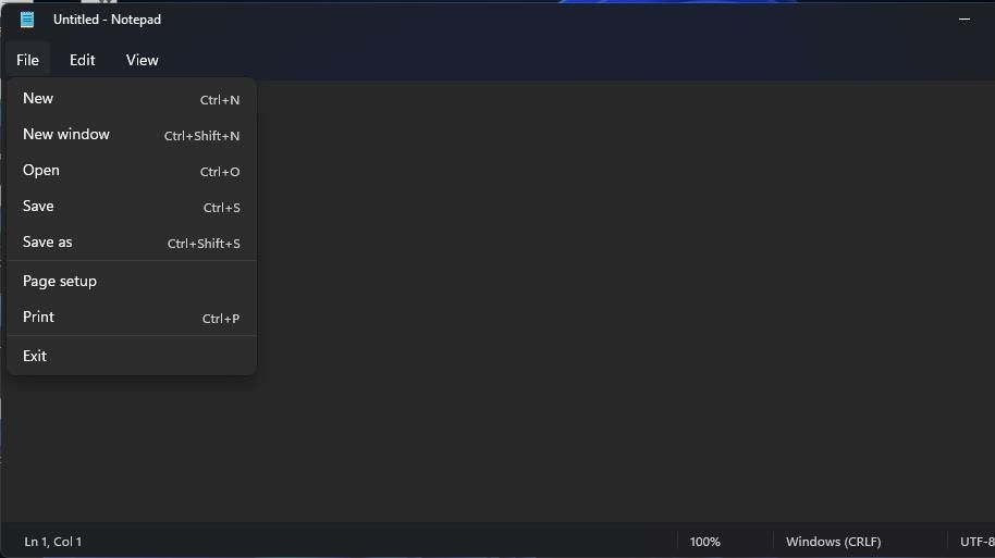 Меню Файл в Блокноте