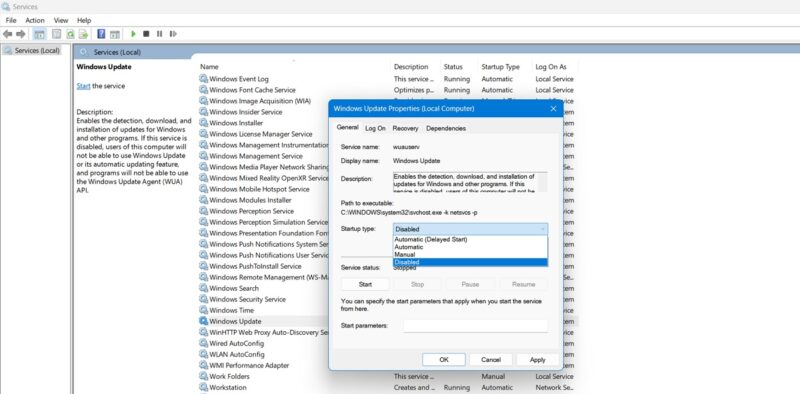 Отключение службы Windows Update в окне свойств службы