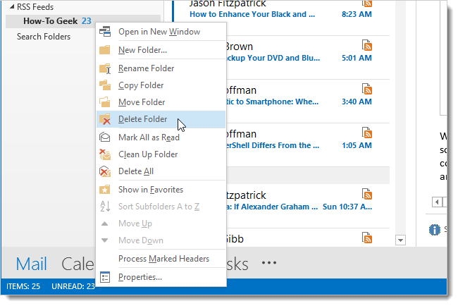 Скриншот: удаление RSS-ленты через Delete Folder