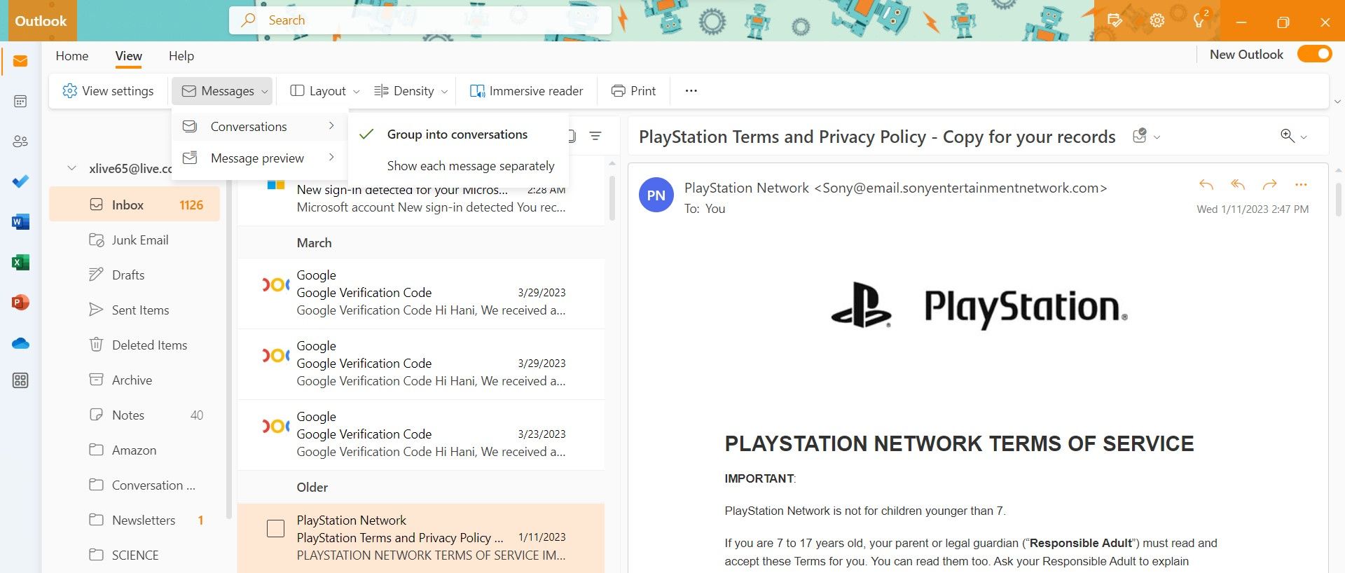 список сообщений outlook