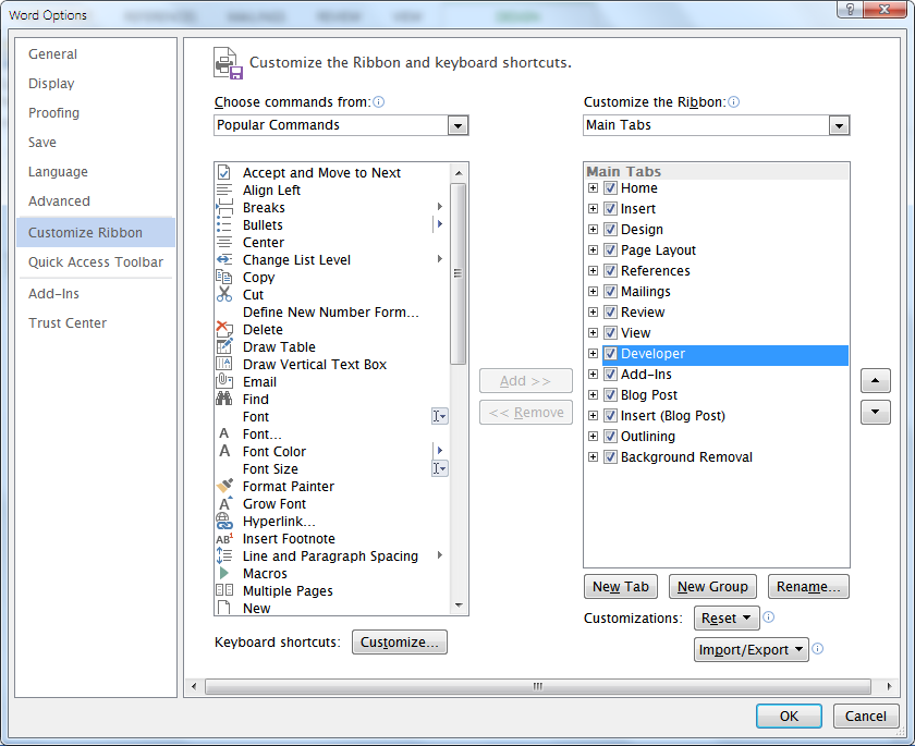 Окно Настройка ленты с выделенной вкладкой Разработчик