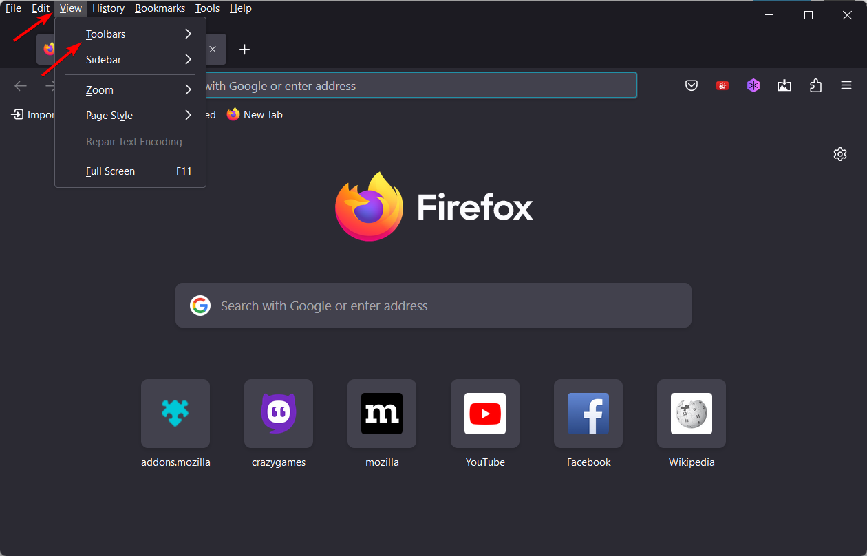 Пункт меню «Вид» и «Панели инструментов» в Firefox