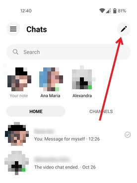 Нажатие значка карандаша в Facebook Messenger для Android.
