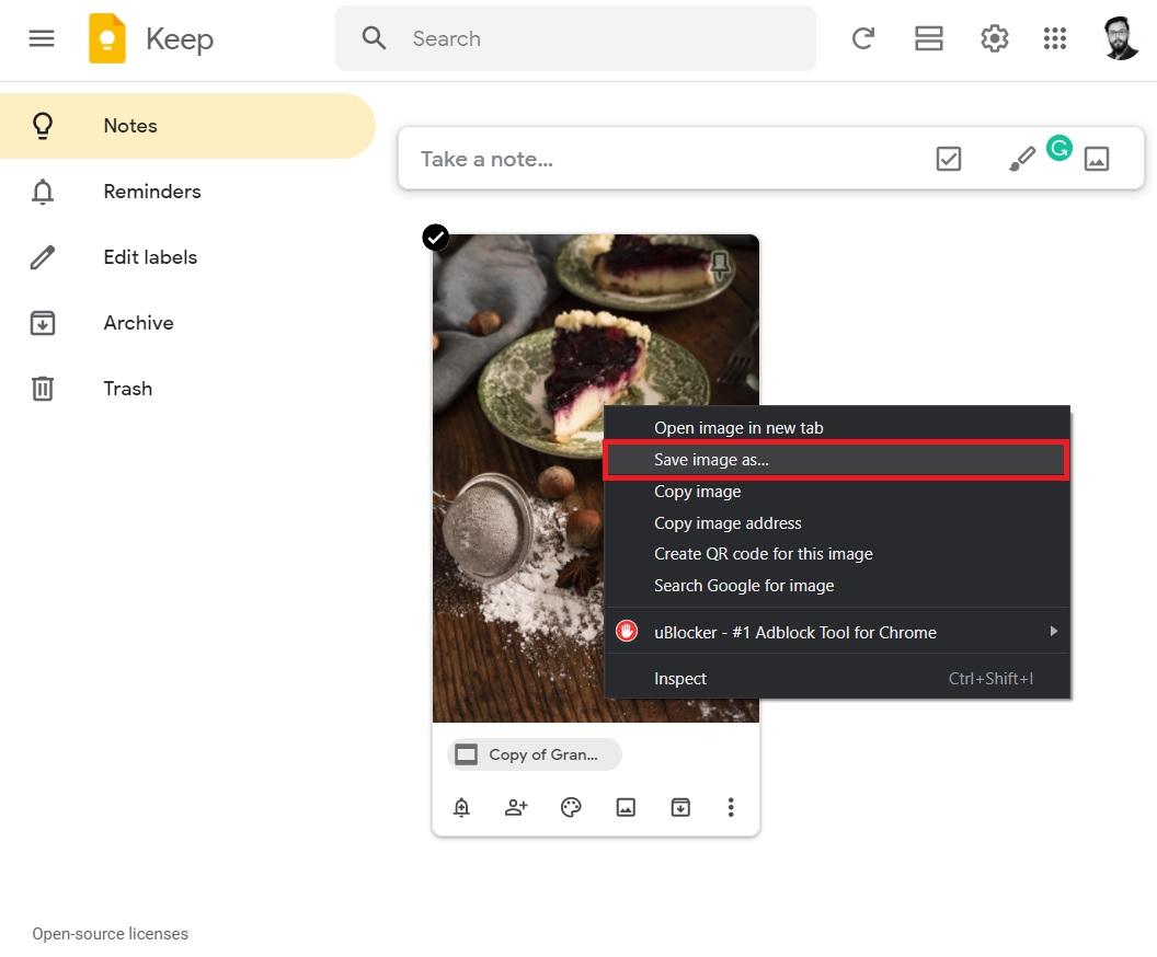 Esempio di salvataggio immagine da Google Keep