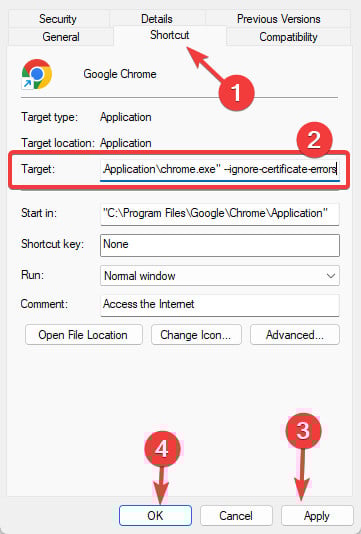 aggiungere parametro al target di Chrome