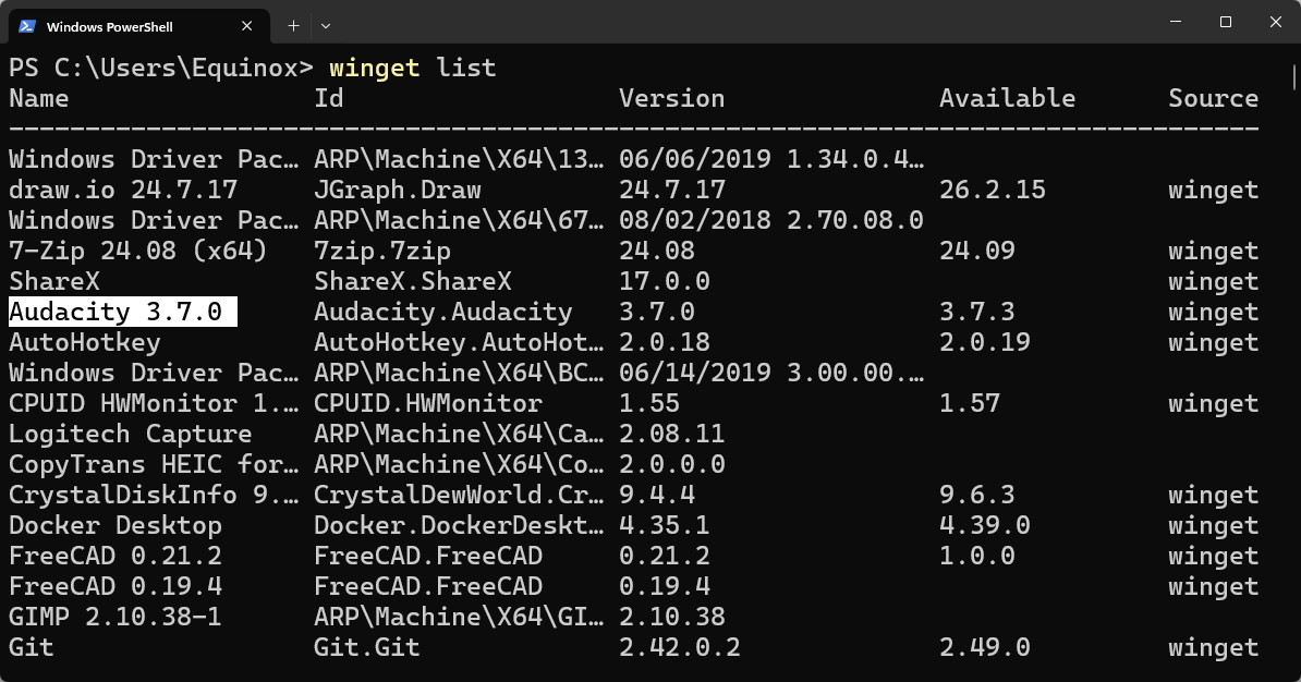 Audacity выделена в выводе winget list в терминале.