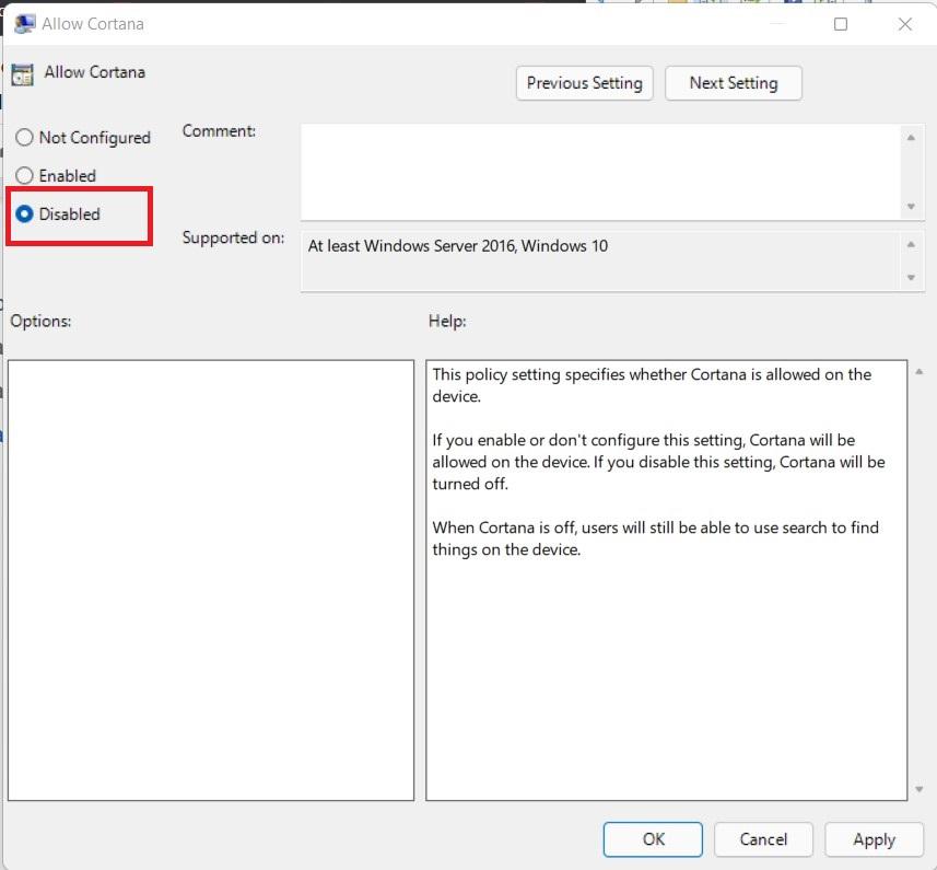 Disable Cortana