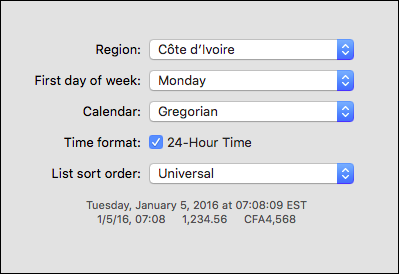 Пример изменения формата времени и валюты при выборе другого региона