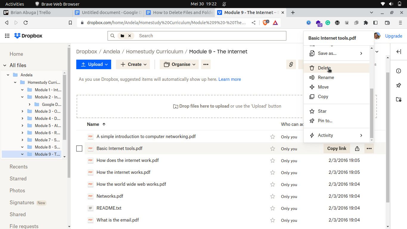 Выделенный файл перед удалением в Dropbox