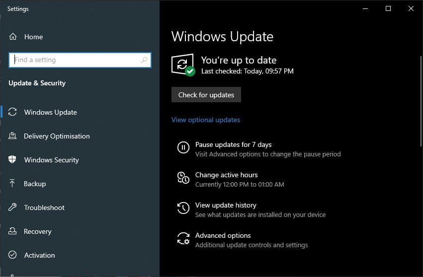 Состояние поиска обновлений в Windows