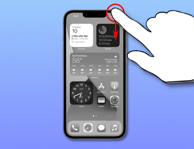 Открытие Пункта управления на iPhone 13, свайп вниз от верхнего правого угла