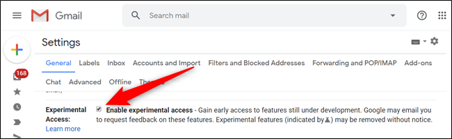Включение экспериментального доступа в настройках Gmail.